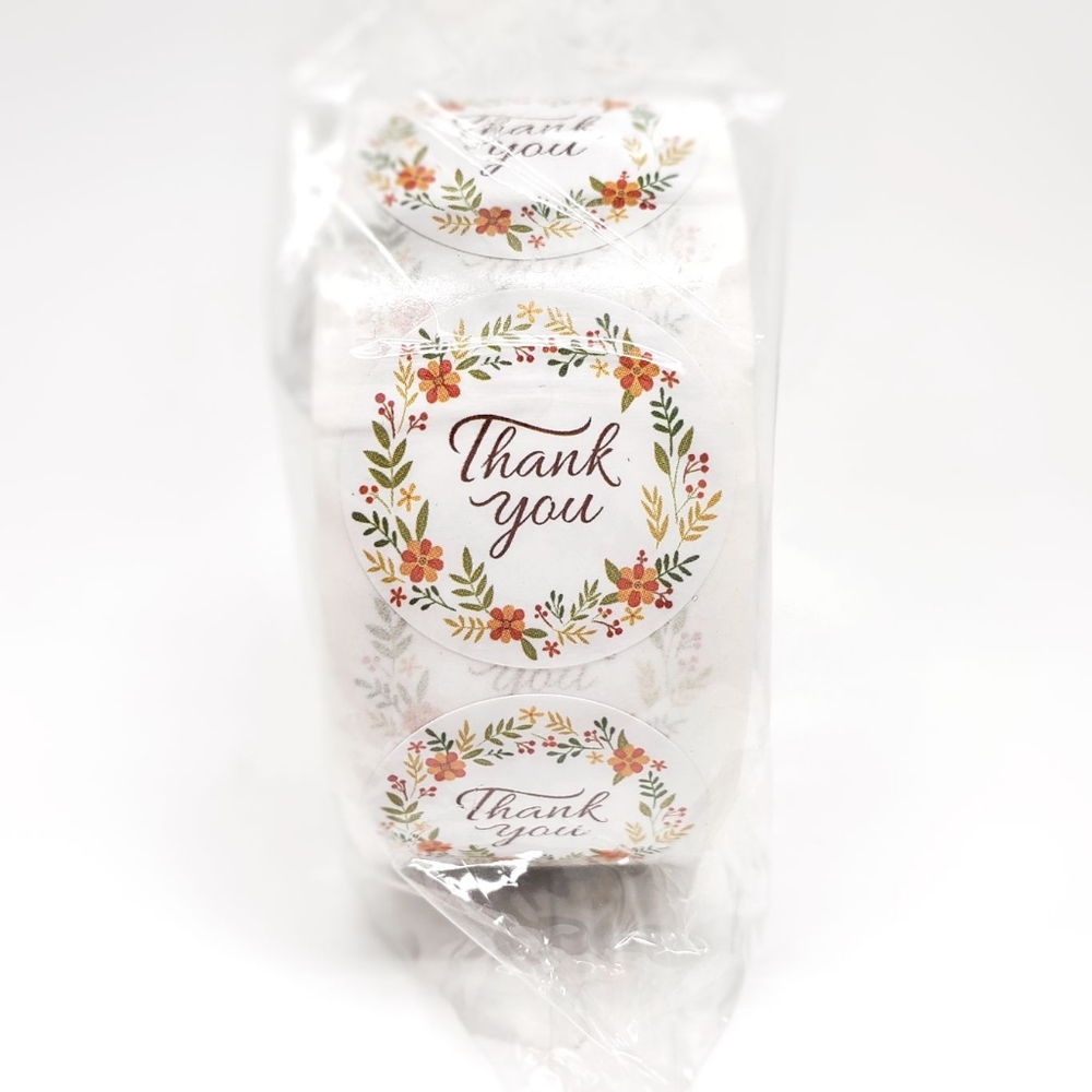 Roll of 500 Brand New 1 inch Orange Floral Wreath Thank You Stickers
